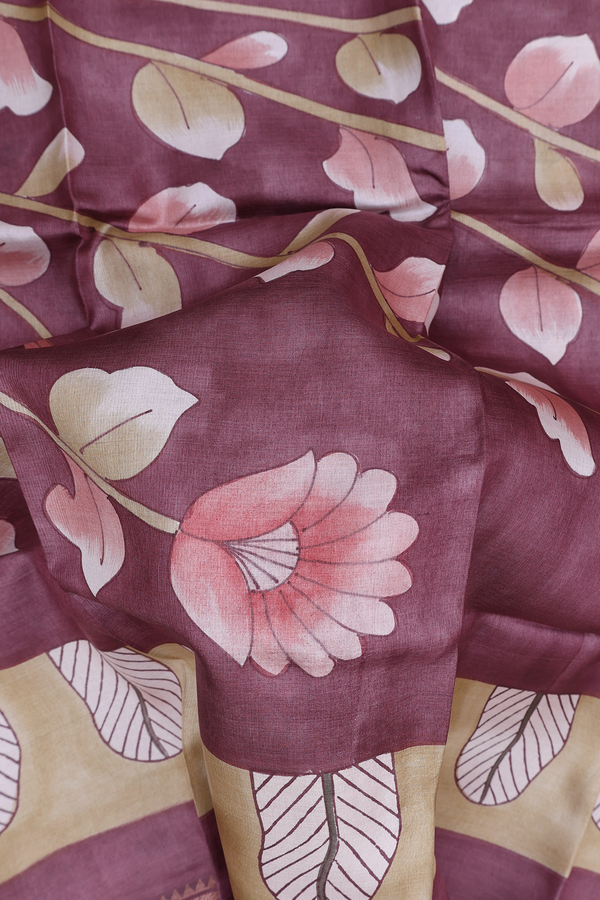 Tussar Silk Saree In Plum Brown With Floral Design