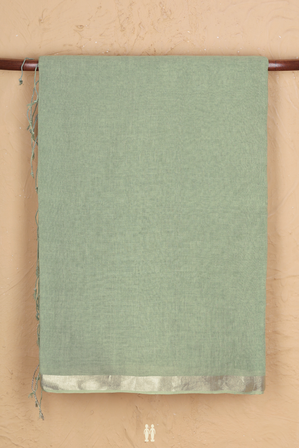 Linen Saree In Sage Green With Zari Border