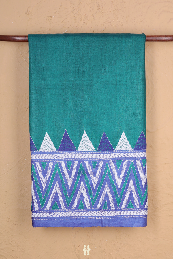 Tussar Silk Saree In Peacock Green With Threadwork Border