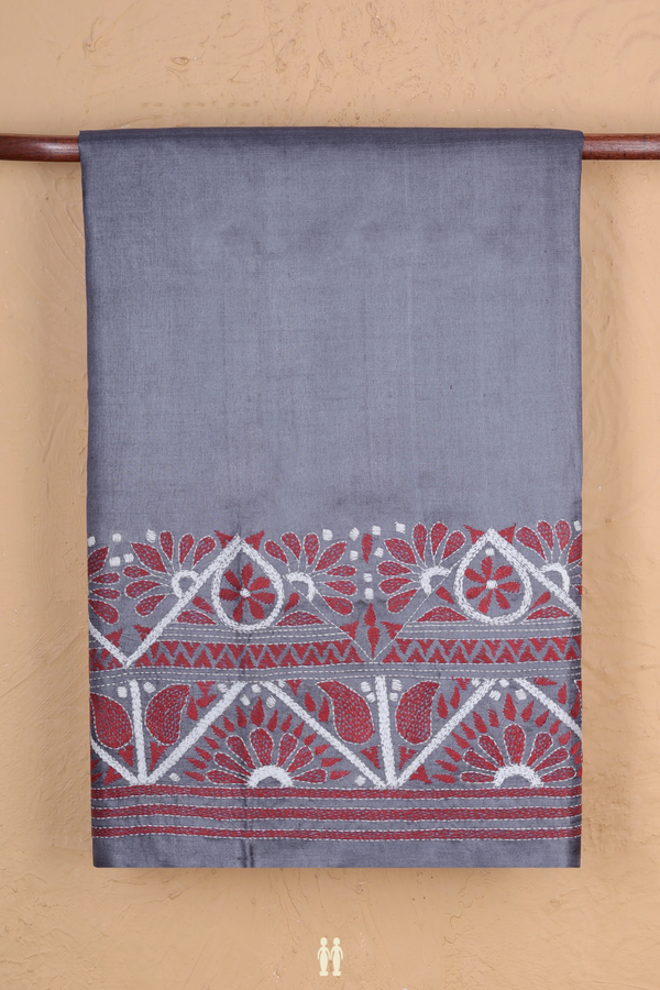 Tussar Silk Saree In Charcoal Grey With Threadwork Border