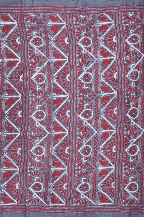 Tussar Silk Saree In Charcoal Grey With Threadwork Border