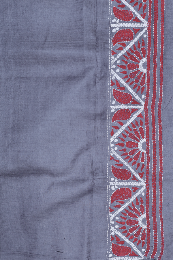 Tussar Silk Saree In Charcoal Grey With Threadwork Border