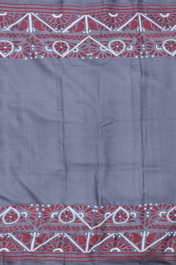 Tussar Silk Saree In Charcoal Grey With Threadwork Border