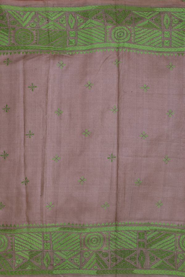 Tussar Silk Saree In Brown With Threadwork Buttas