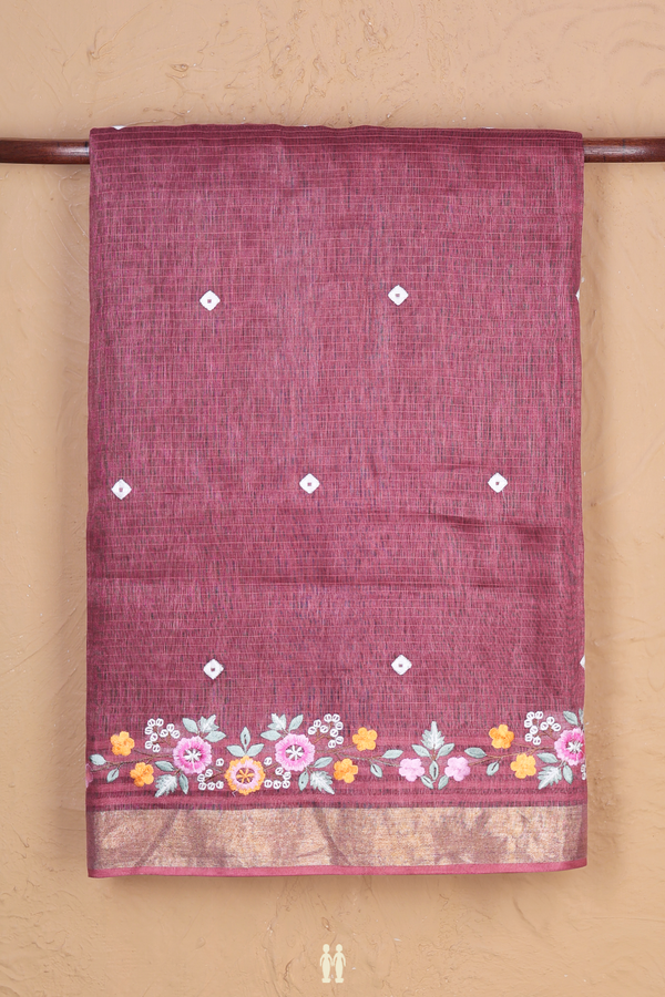Linen Saree In Berry Brown With Threadwork Buttas