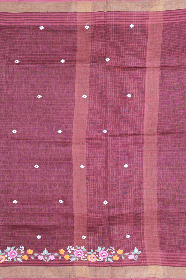 Linen Saree In Berry Brown With Threadwork Buttas