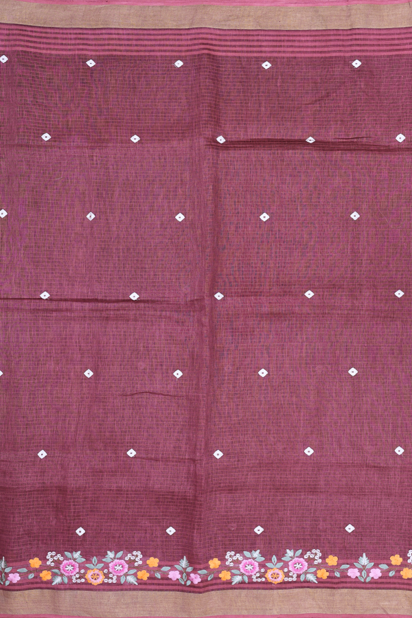 Linen Saree In Berry Brown With Threadwork Buttas