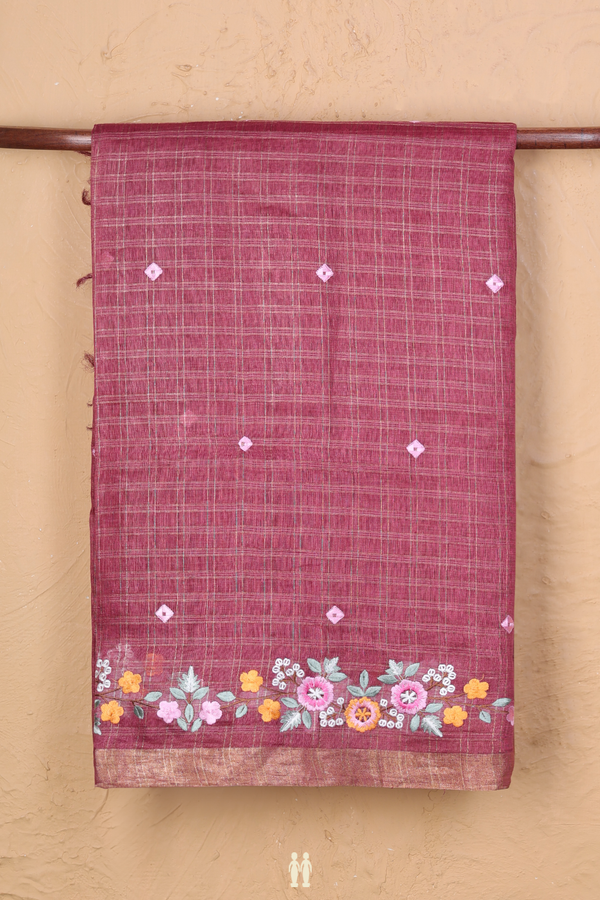 Linen Saree In Mulberry Along Checks With Buttas