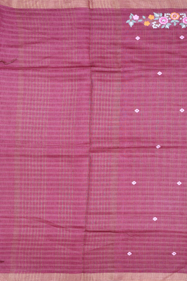 Linen Saree In Mulberry Along Checks With Buttas