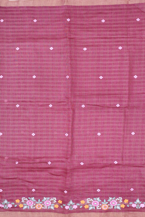 Linen Saree In Mulberry Along Checks With Buttas