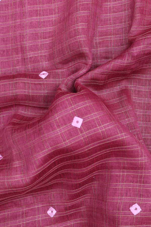 Linen Saree In Mulberry Along Checks With Buttas