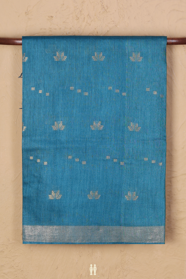 Tussar Silk Saree In Teal Blue With Zari Buttas