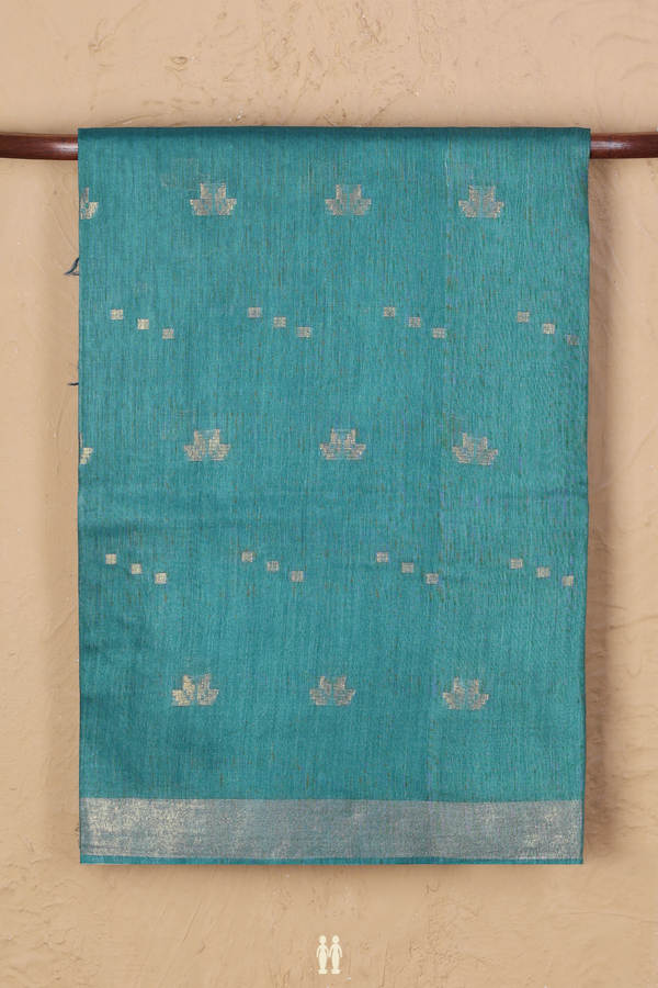 Tussar Silk Saree In Teal Blue With Zari Buttas