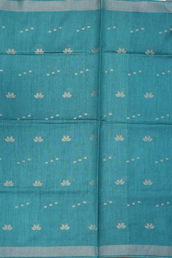Tussar Silk Saree In Teal Blue With Zari Buttas