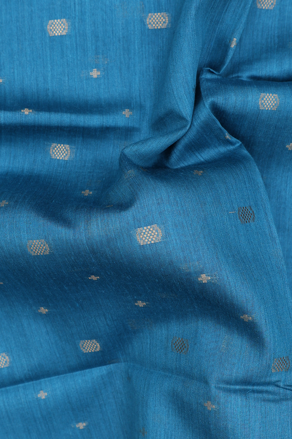 Tussar Silk Saree In Teal Blue With Zari Buttas
