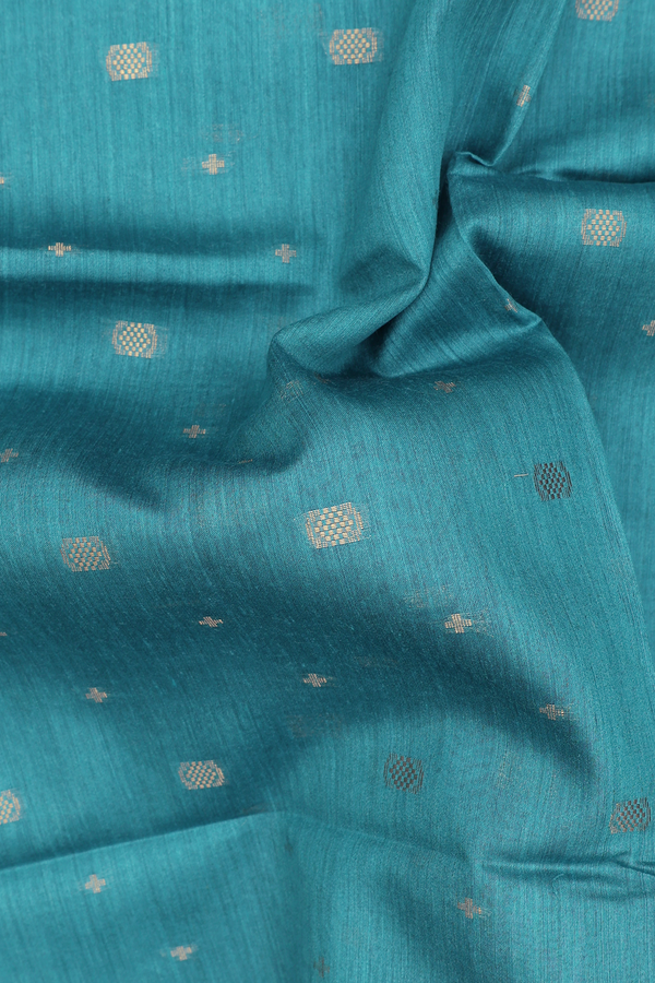 Tussar Silk Saree In Teal Blue With Zari Buttas