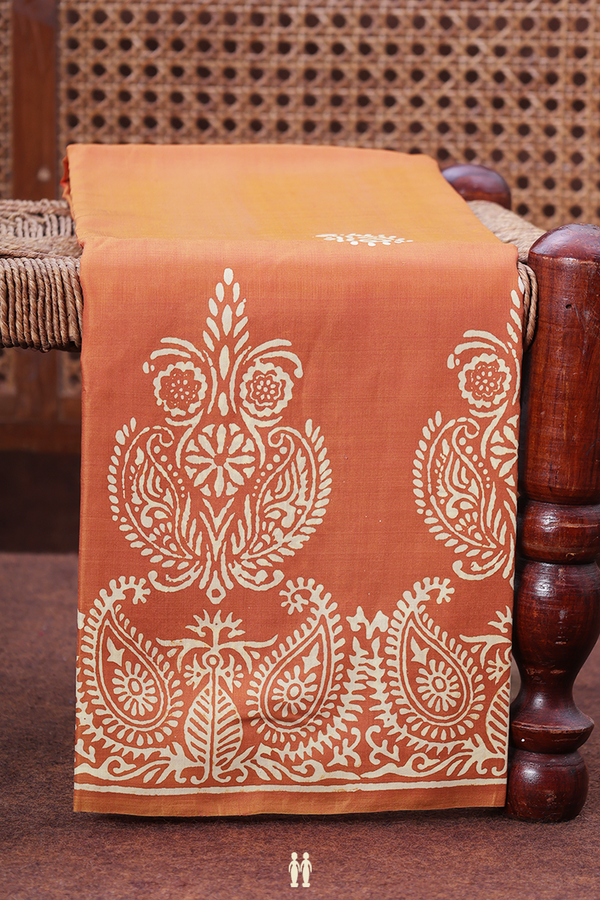 Printed Silk Saree In Rust Orange With Paisley Motifs