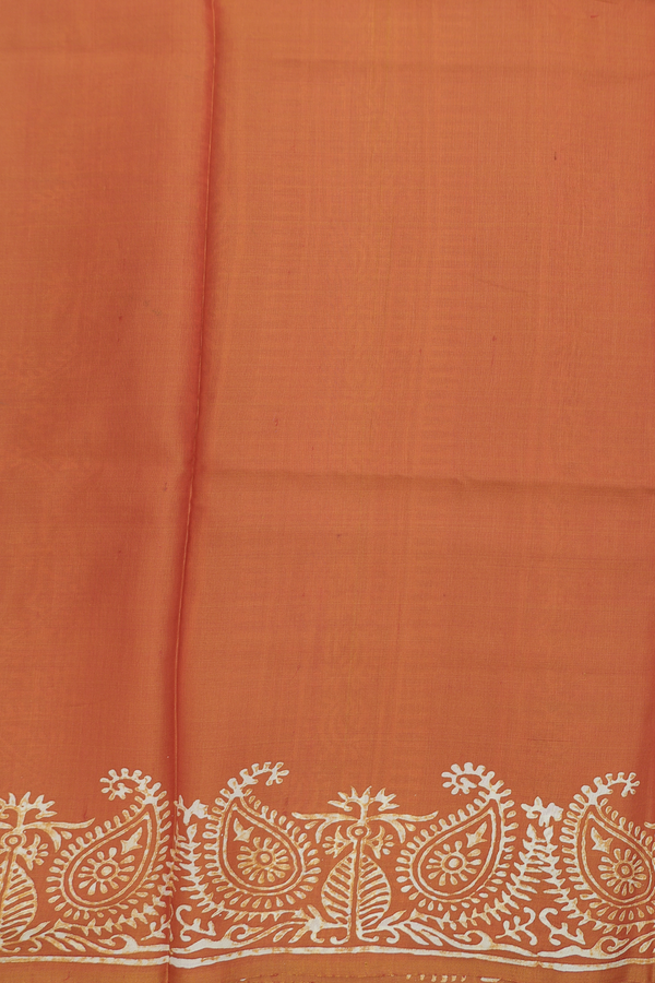 Printed Silk Saree In Rust Orange With Paisley Motifs