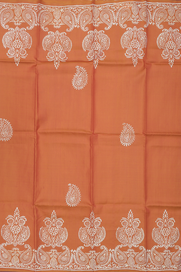 Printed Silk Saree In Rust Orange With Paisley Motifs
