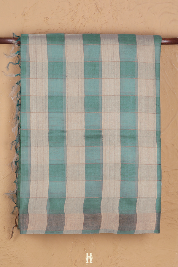 Tussar Silk Saree In Green And Cream With Checks Design
