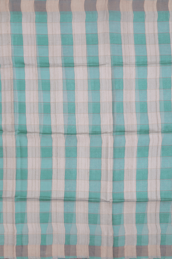 Tussar Silk Saree In Green And Cream With Checks Design