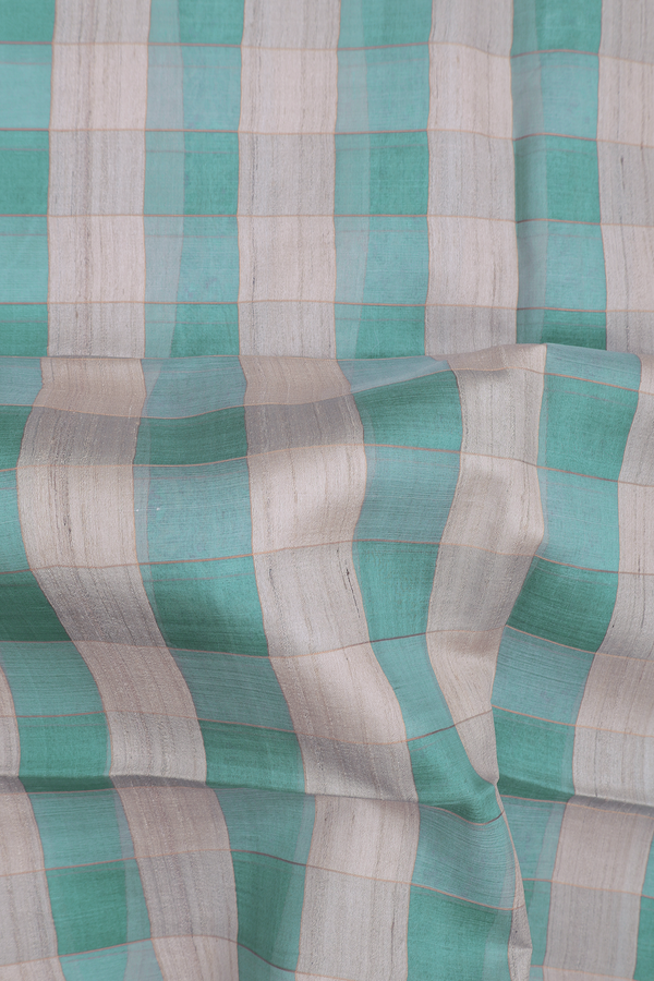 Tussar Silk Saree In Green And Cream With Checks Design