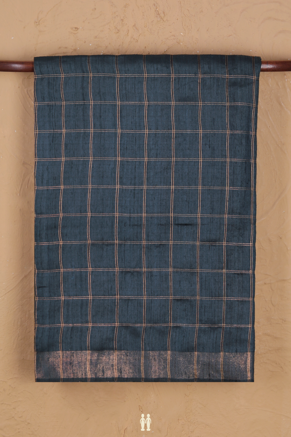Tussar Silk Saree In Prussian Blue With Checks Design