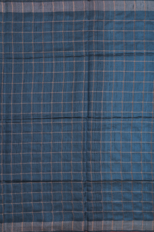 Tussar Silk Saree In Prussian Blue With Checks Design