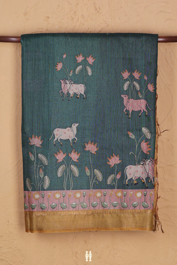 Tussar Silk Saree In Pine Green With Cow Motifs