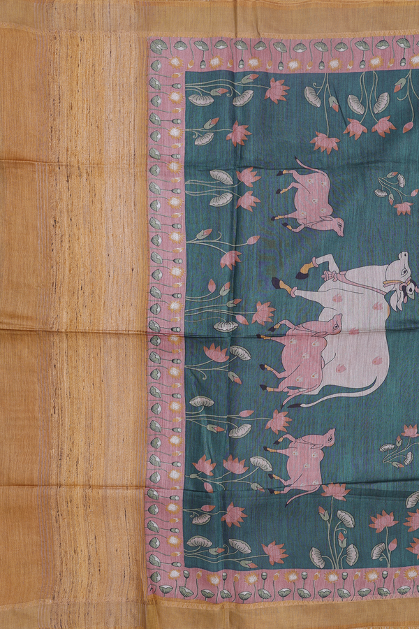 Tussar Silk Saree In Pine Green With Cow Motifs