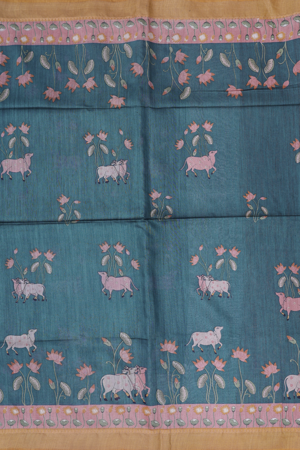 Tussar Silk Saree In Pine Green With Cow Motifs