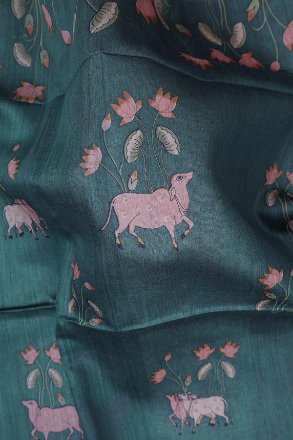 Tussar Silk Saree In Pine Green With Cow Motifs