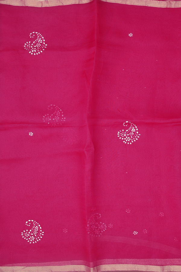 Organza Silk Saree In Dark Pink With Mirror Work Motifs