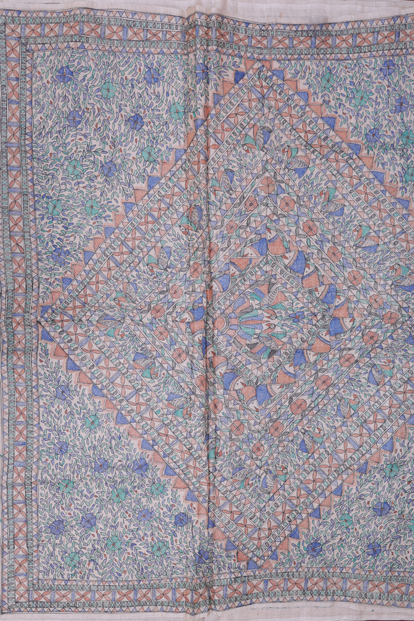 Tussar Madhubani Silk Saree In White With Peacock Design