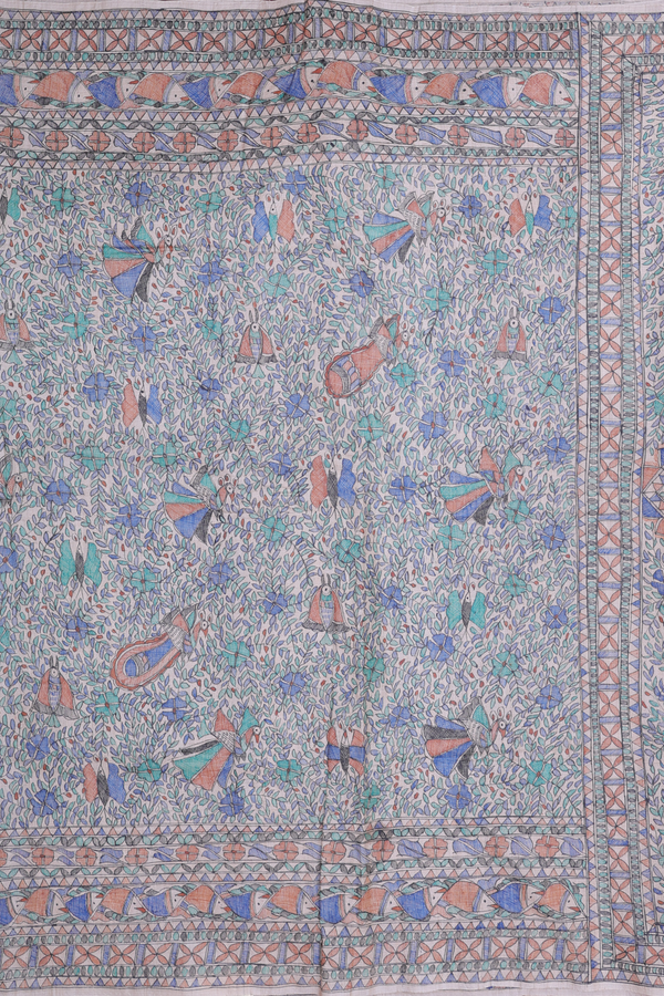 Tussar Madhubani Silk Saree In White With Peacock Design