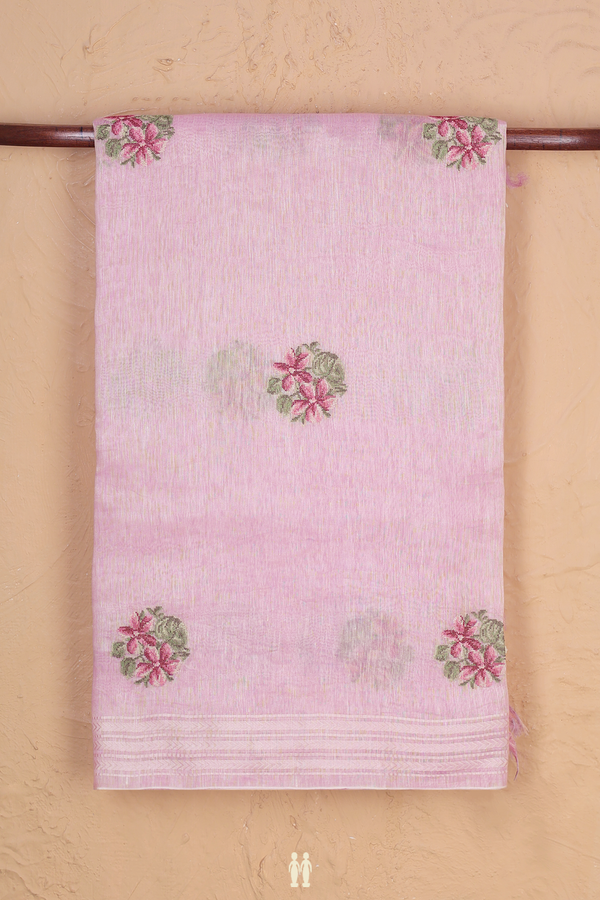 Linen Saree In Pink With Floral Embroidered Design