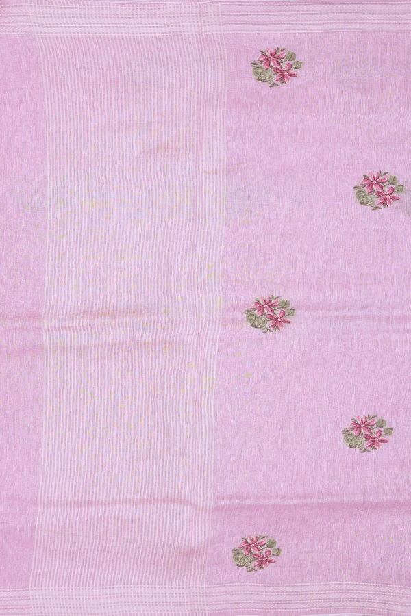 Linen Saree In Pink With Floral Embroidered Design