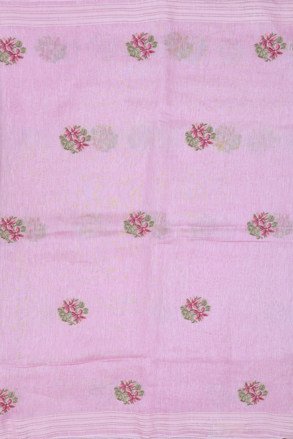 Linen Saree In Pink With Floral Embroidered Design