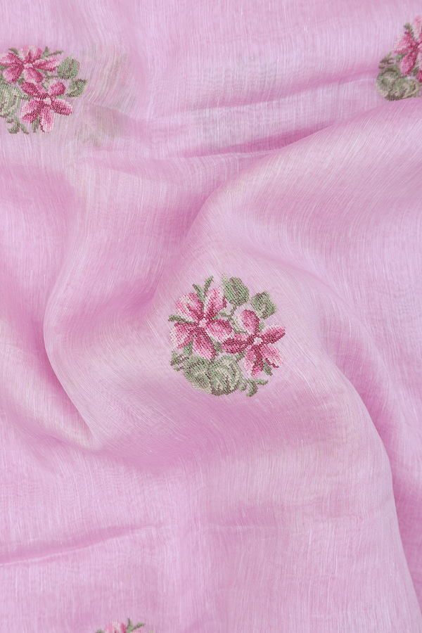 Linen Saree In Pink With Floral Embroidered Design