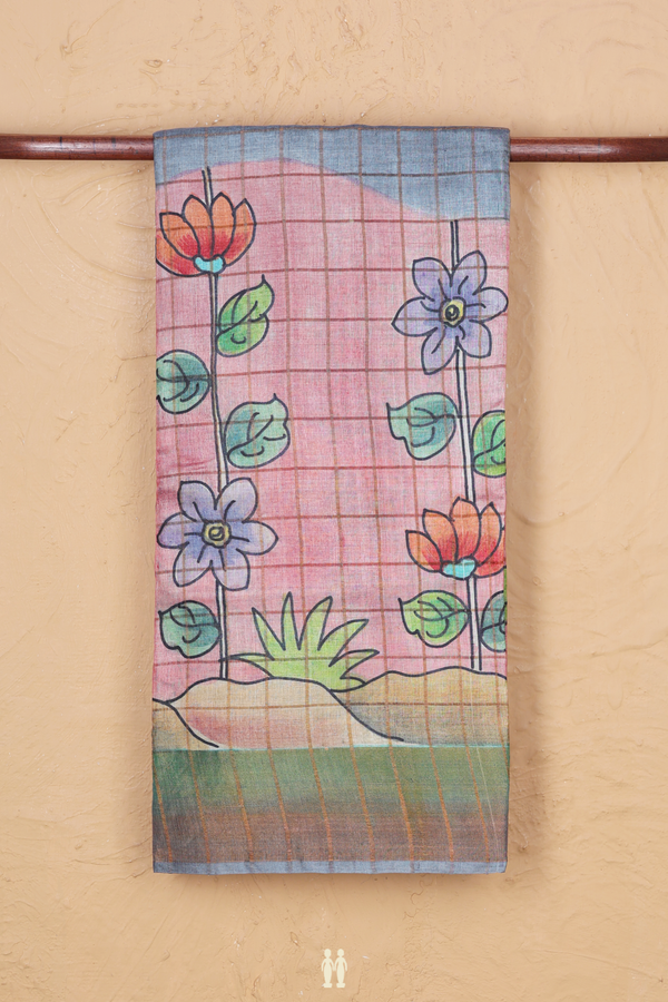 Tussar Silk Saree In Grey And Pink With Checks Design