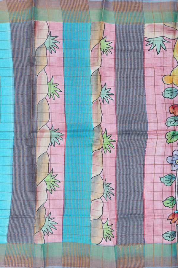 Tussar Silk Saree In Grey And Pink With Checks Design