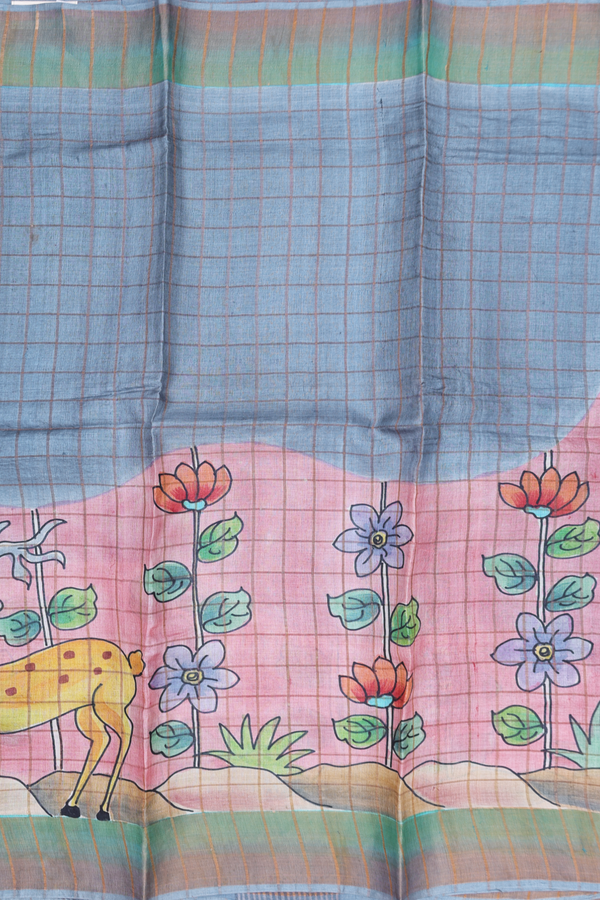Tussar Silk Saree In Grey And Pink With Checks Design