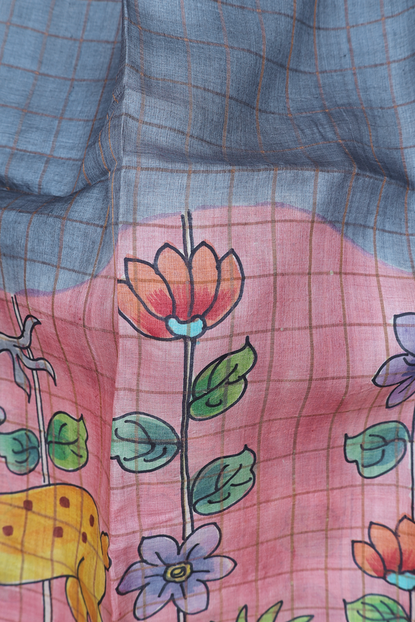 Tussar Silk Saree In Grey And Pink With Checks Design