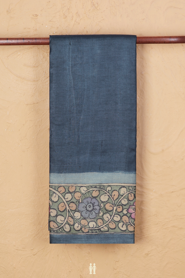 Tussar Silk Saree In Charcoal Grey With Floral Border