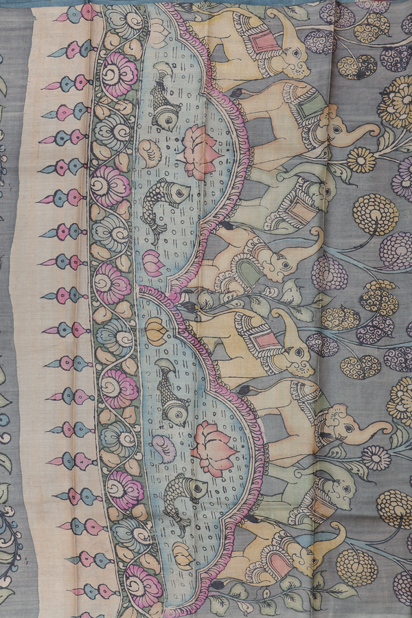 Tussar Silk Saree In Charcoal Grey With Floral Border