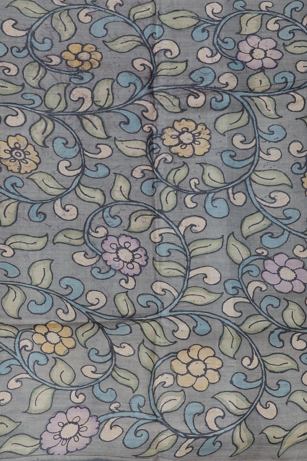 Tussar Silk Saree In Charcoal Grey With Floral Border