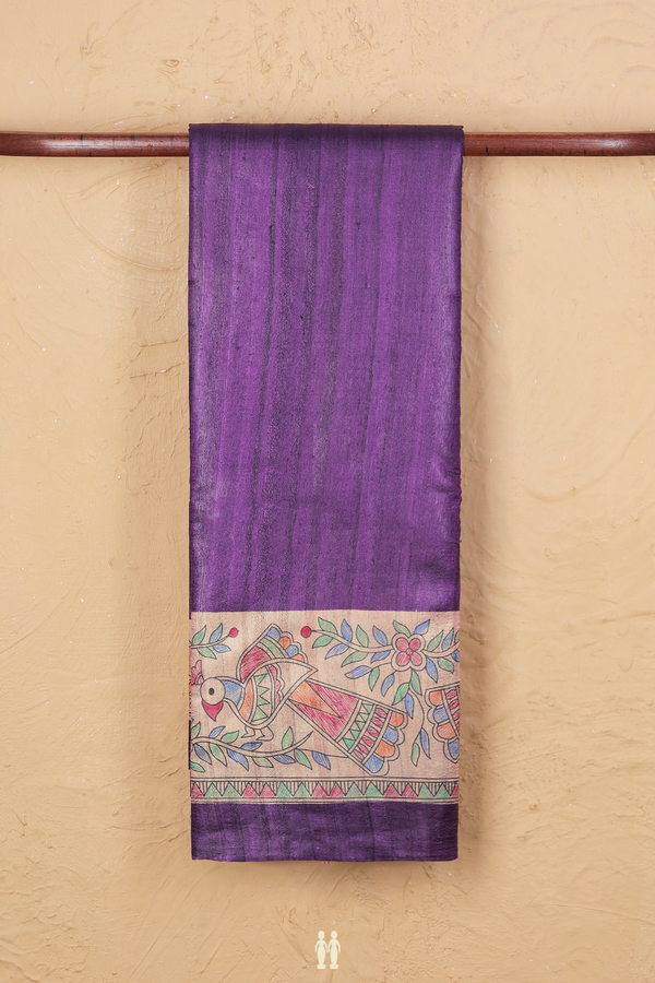 Tussar Silk Saree In Purple With Madhubani Border