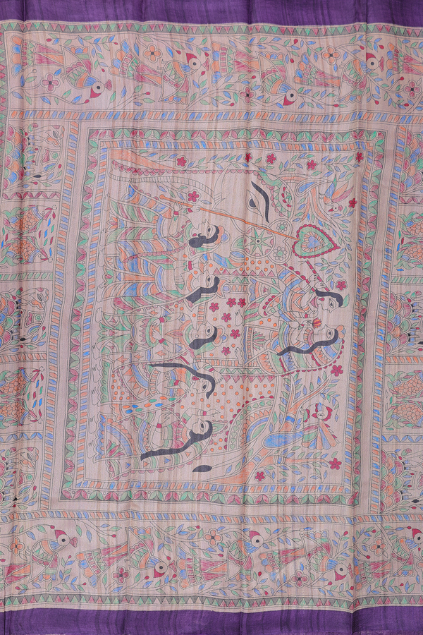 Tussar Silk Saree In Purple With Madhubani Border