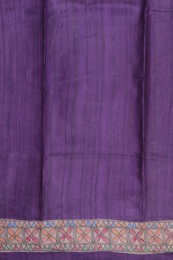 Tussar Silk Saree In Purple With Madhubani Border