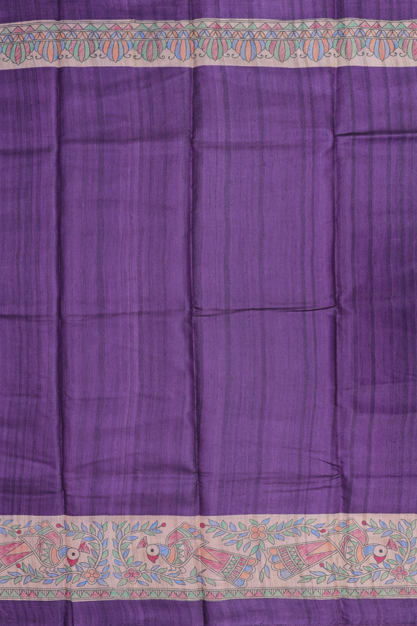 Tussar Silk Saree In Purple With Madhubani Border
